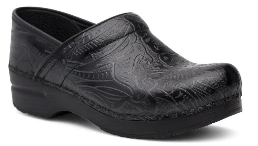 Dansko Black Tooled Floral Leather Clogs Women's EU 38 Nurse Comfort